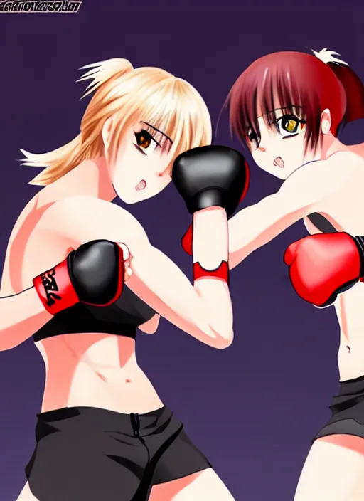 Image similar to two beautiful female boxers facing each other, black top, dim lighting, gorgeous features, smooth, detailed anime art