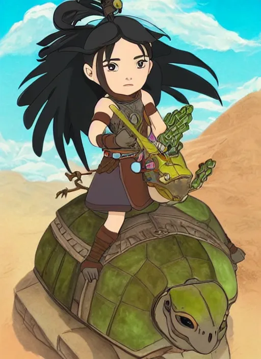 Image similar to portrait of a little warrior girl character riding on top of a giant armored turtle in the desert, studio ghibli epic character with dark skin and beautiful green eyes, very beautiful detailed symmetrical face, long black hair, bright colors, diffuse light, dramatic landscape, fantasy illustration