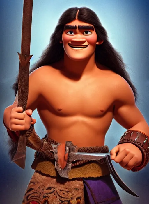 Prompt: portrait of teenage conan the barbarian, smiling. arrogant. great sword with golden pommel. orange background. animated feature. 3 d pixar and disney!! in the style of disney pixar, moana, brave, the good dinosaur.
