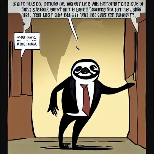 Prompt: a sloth dressed in a suit is standing in an office. Comic by Mike mignola