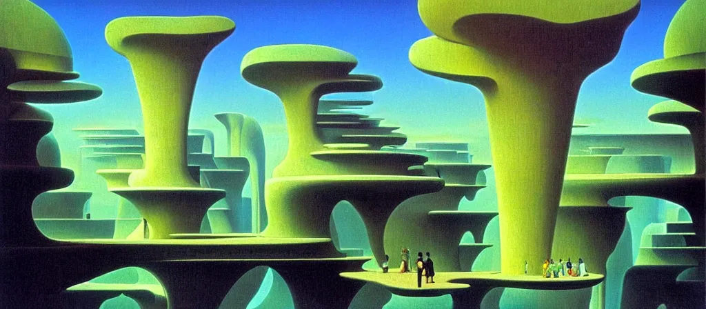 Image similar to huge gargantuan angular dimension of infinite liminal spaces, buildings by escher and ricardo bofill. utopian landscape by roger dean. magical realism, surrealism, waterfalls, clouds, mallsoft, vaporwave, shot from below, epic scale