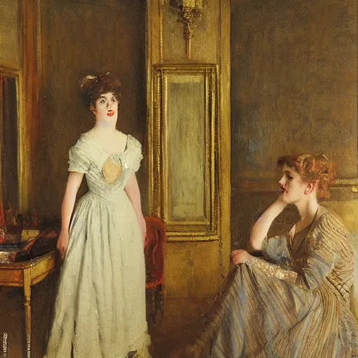 Image similar to theatre actress and factotum in the dressing rooms, by alfred stevens