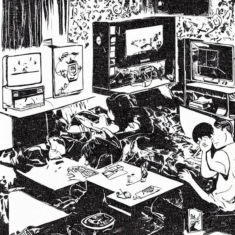 Prompt: illustration of teenager playing video games inside ominous creepy 1 9 8 0's teenagers bedroom. manga style of kentaro mirua,