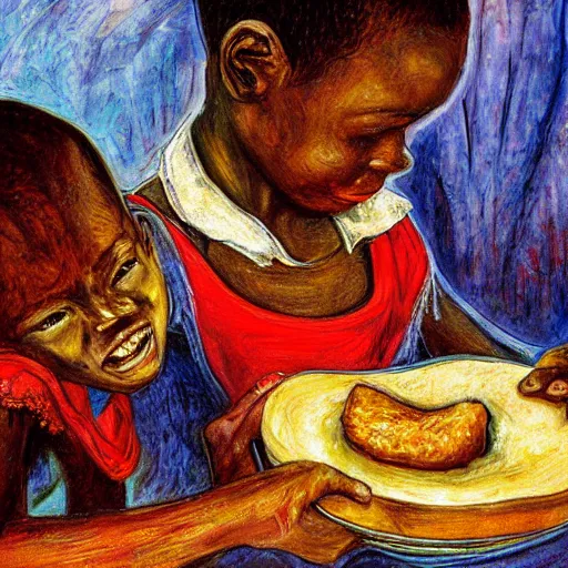 Image similar to oil painting of a malnourished ugandan boy sharing bread with a blond well fed child, by josephine wall american