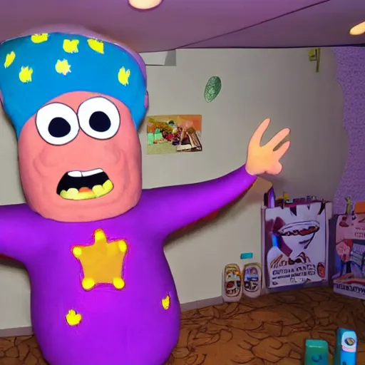 Image similar to patrick star dressed as PatBoy inside magic house