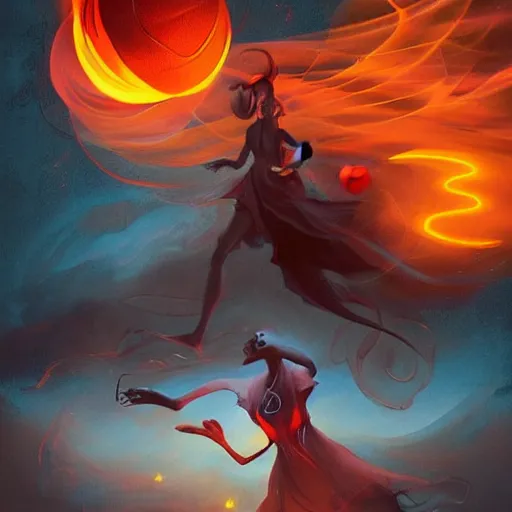 Prompt: A ghostly entity with long swirling cloaks of night and dust playing basketball by Peter Mohrbacher, with a neon basketball of fire