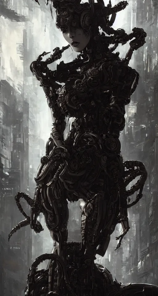 Image similar to dystopian, a dreamland of chinese ukiyo - e, gothic diablo art, rococo art, 4 k post processing. asymmetrical, portrait of an alien with large tubes in face in the style of, ghost in the shell, machine face, intricate, elegant, dramatic lighting concept art by craig mullins and ruan jia and raphael lacoste, trending on artstation