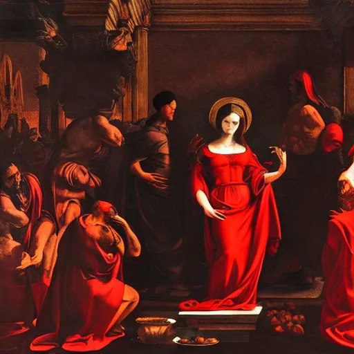 Prompt: the goddess of blood in silk robes of blood, cultists watching, red hoods, candle lights, renaissance, baroque, gothic, high detail, dark lighting, atmospheric, extremely detailed, intricate, smooth, da vinci, michelangelo, caravaggio, 8 k