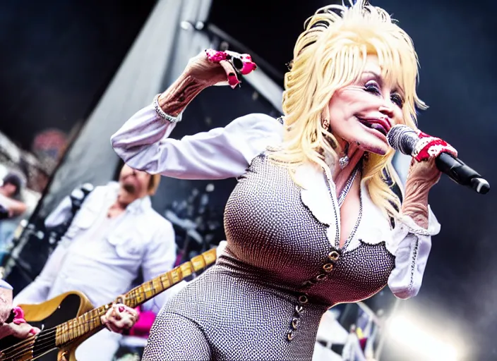Image similar to photo still of dolly parton at the vans warped tour 2 0 1 8!!!!!!!! at age 3 6 years old 3 6 years of age!!!!!!!! stage diving into the crows, 8 k, 8 5 mm f 1. 8, studio lighting, rim light, right side key light