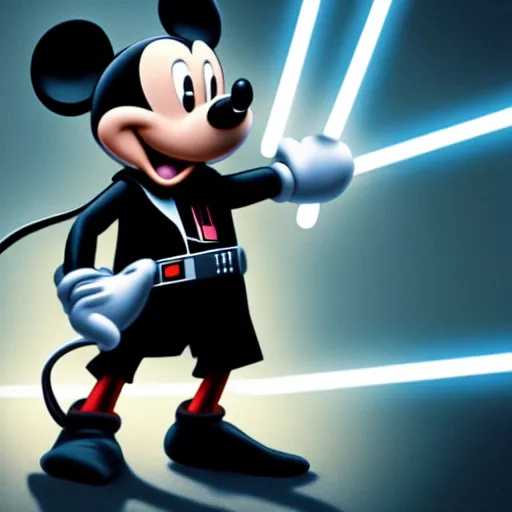 Image similar to film still of mickey mouse killing!! darth vader!! in the new star wars movie, 4 k