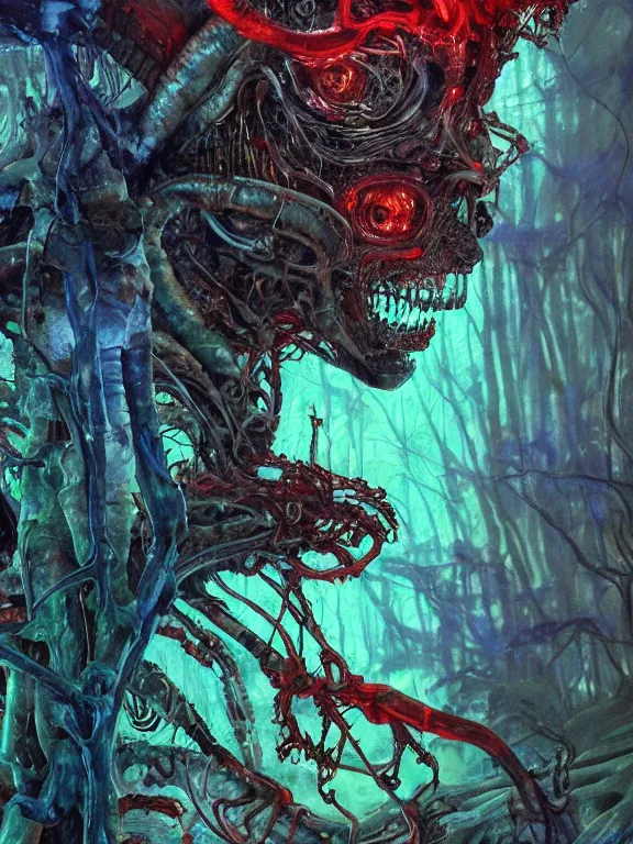 Image similar to closeup portrait of a living goo on a ( transparentcyborg leshy panther with glowing veins ), in alien forest, cinematic light, backlight glow, red green, mist, by mikhail vrubel, by philippe druillet, by peter elson, by gerald brom, muted colors, extreme detail, trending on artstation, 8 k