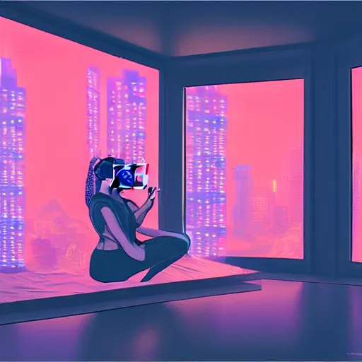 Image similar to matte painting of a woman in vr headset sitting in cyberpunk room behind the window, neon glow, by masamune shirow