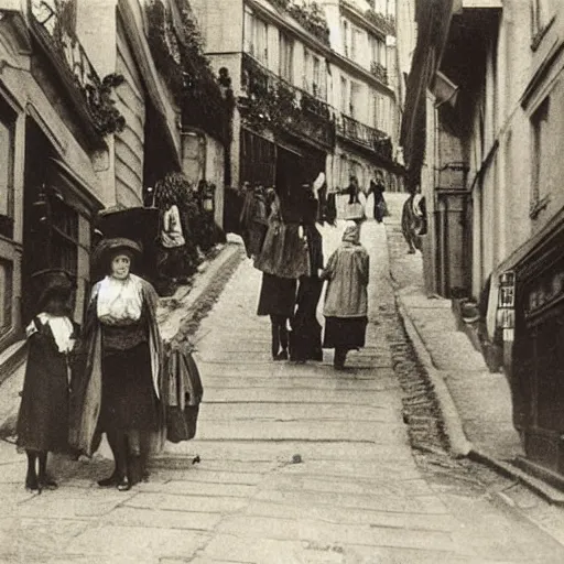 Prompt: 1 9 1 0, paris street scene, montmartre steps, photograph, style of atget, old, creepy