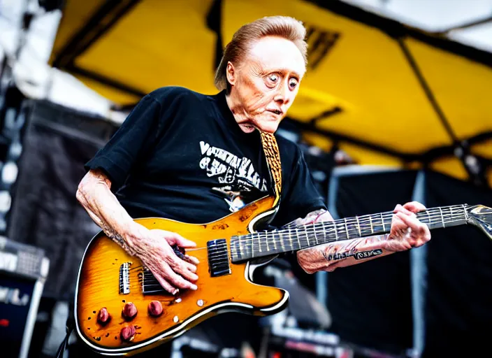 Image similar to photo still of christopher walken on stage at vans warped tour!!!!!!!! at age 5 5 years old 5 5 years of age!!!!!!! shredding on guitar, 8 k, 8 5 mm f 1. 8, studio lighting, rim light, right side key light