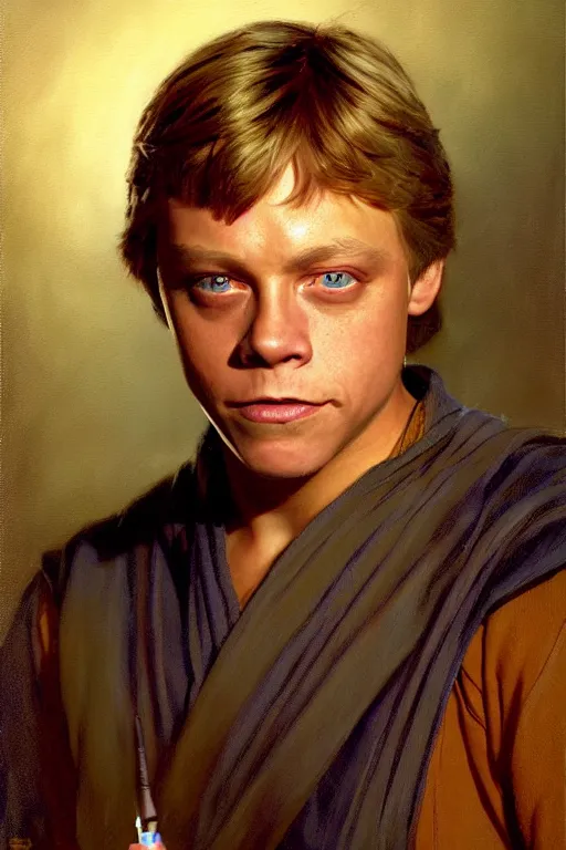 Image similar to detailed portrait of a teen mark hamill dressed as jedi, painting by gaston bussiere, craig mullins, j. c. leyendecker