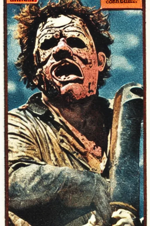 Prompt: baseball card of leatherface from texas chainsaw massacre