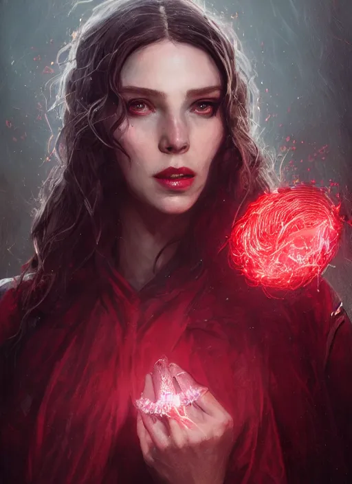 Image similar to A fancy portrait of the Scarlet Witch by Greg Rutkowski, Sung Choi, Mitchell Mohrhauser, Maciej Kuciara, Johnson Ting, Maxim Verehin, Peter Konig, Bloodborne, 8k photorealistic, cinematic lighting, HD, high details, dramatic, atmospheric , trending on artstation