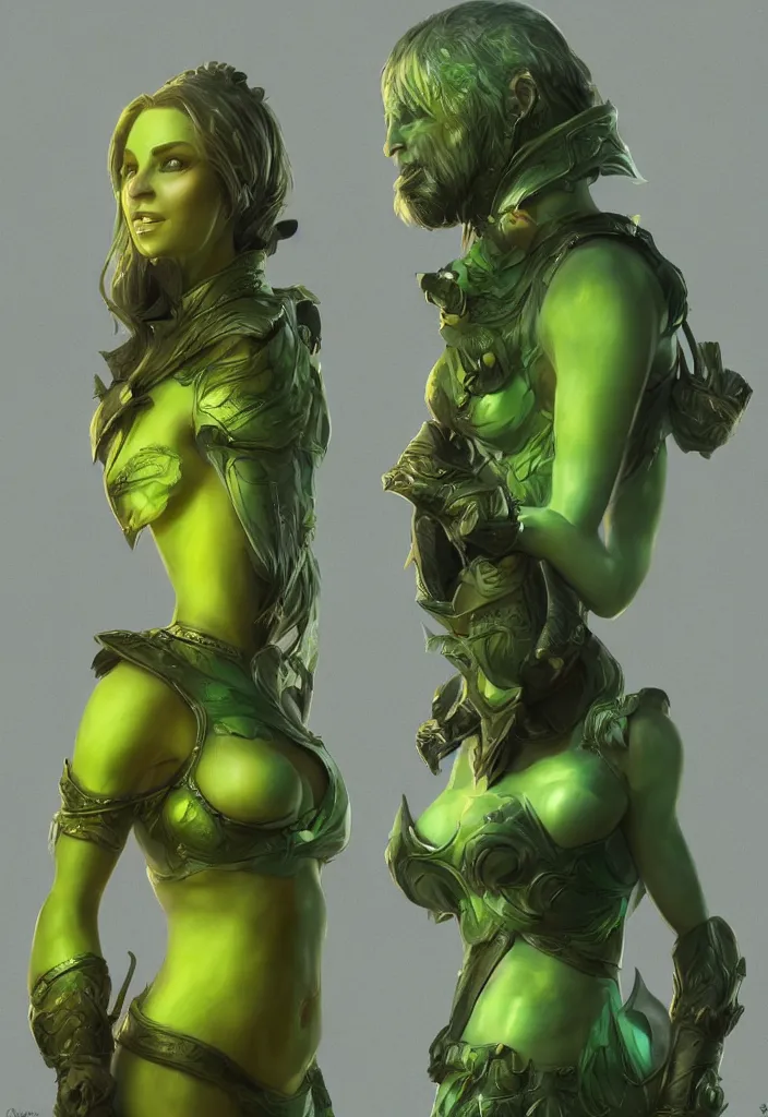 Prompt: a 3 d render of a fantasy medium shot of two character, green - tinted with a hint of yellow, wide - angle, high contrast, highly detailed, sharp focus, digital painting, 3 d art, illustration, trending on artstation,