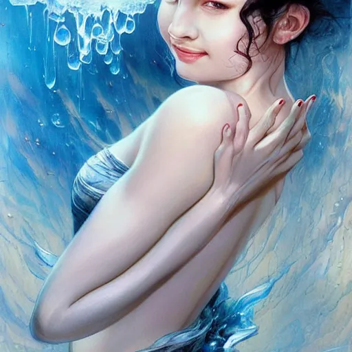 Prompt: a beautiful ballerina manipulating water by karol bak, ayami kojima, artgerm, river, water, blue eyes, smile, concept art, fantasy