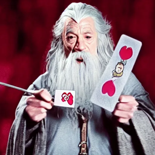 Image similar to portrait of Gandalf dressed up as hello kitty, holding up a playing card to the camera, movie still from Lord of the Rings