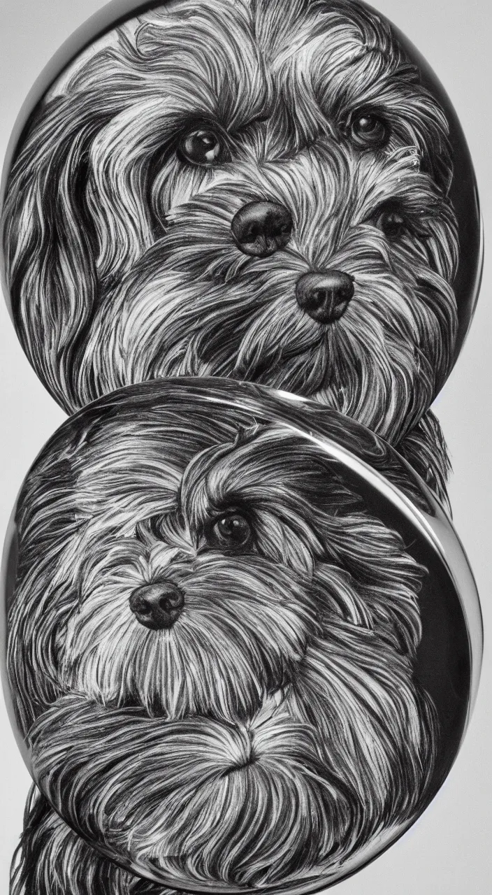 Prompt: self - portrait of a havanese dog reflection in a mirrored chrome sphere, by m c escher pen and paper