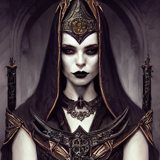 Prompt: gothic byzantine high priestess, dark fantasy, portrait, d & d, fantasy, highly detailed, digital painting, trending on artstation, concept art, sharp focus, illustration, art by artgerm and greg rutkowski and magali villeneuve