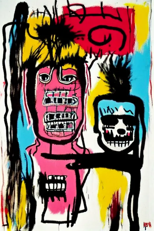 Image similar to an insane female with a weirdcore outfit, painting by jean michel basquiat, andy warhol,