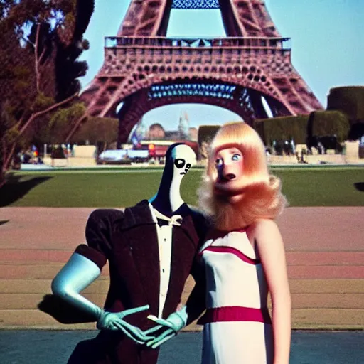 Image similar to 1976 film still glamorous woman photo and her friend, a puppet that looks like Caspar the Friendly Ghost, in front of the eiffel tower, 16mm film live soft color, earth tones and some primary colors 1976, archival footage, in style of doris wishman russ meyer, woman looks like sharon tate