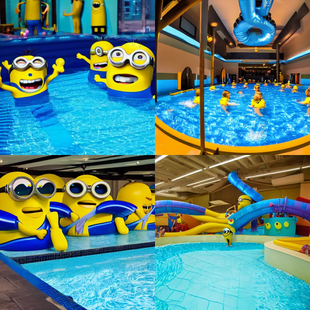 Prompt: minion themed indoors swimming pool with water slides, liminal, dimly lit, focal length: 35mm