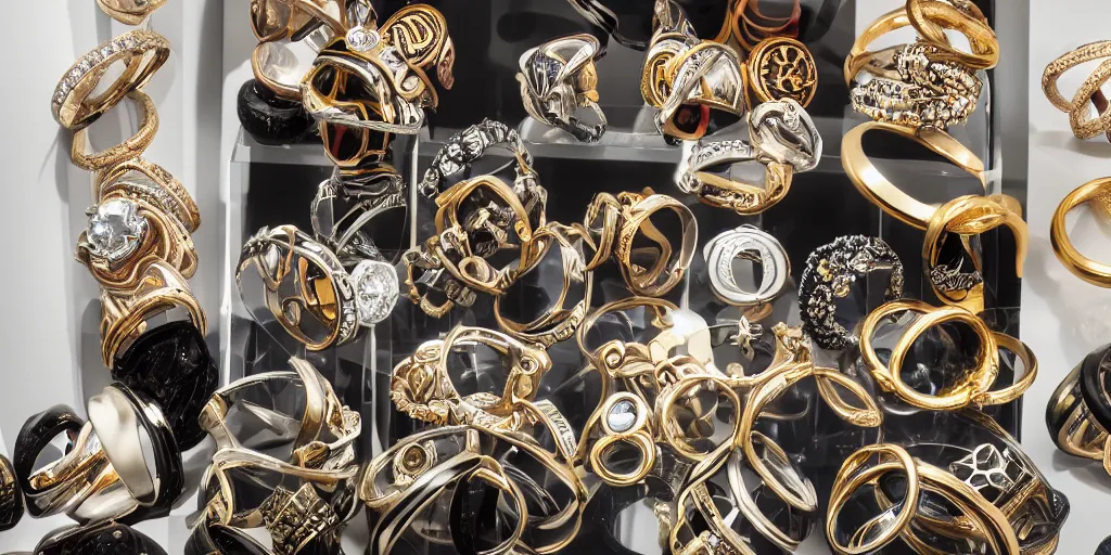 Image similar to maximalist style collection of rings in a display cabinet, product shot, studio lighting, contemporary design