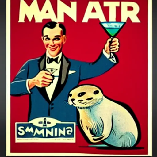 Image similar to a man holding a martini with an otter swimming in it while the otter gives a thumbs up in a 1 9 2 0 s advertisement poster