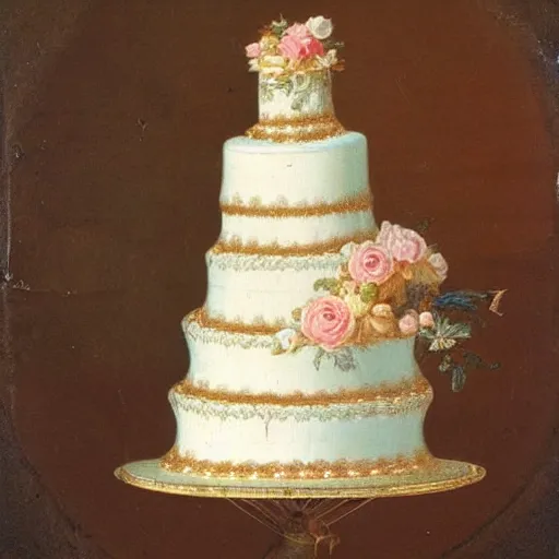 Image similar to 1700s painting of a wedding cake, high detail, believable,