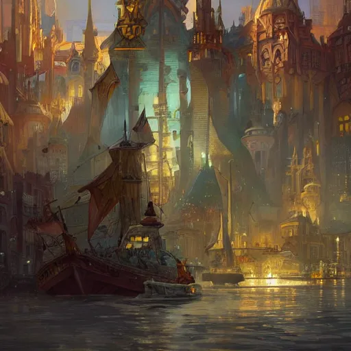 Prompt: city built on ship, fantasy, colorful, elegant, pale, highly detailed, digital painting, artstation, concept art, smooth, sharp focus, illustration, art by artgerm and greg rutkowski and alphonse mucha