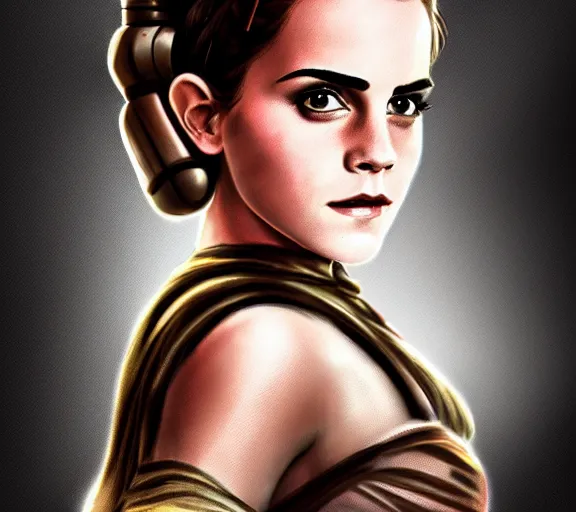 Prompt: photography of a sensual emma watson dressed like princess leia slave girl outfit star wars, deep focus, intricate, elegant, highly detailed, digital painting, artstation, concept art, matte, sharp focus, illustration