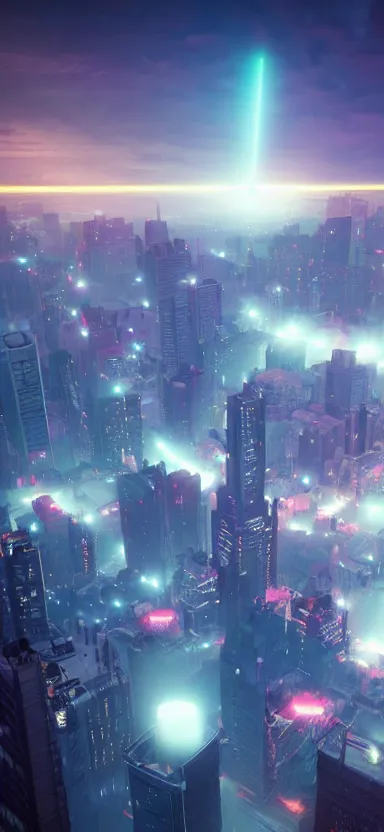 Image similar to unreal engine 5 render of a city with lasers coming out of the clouds, digital art ”