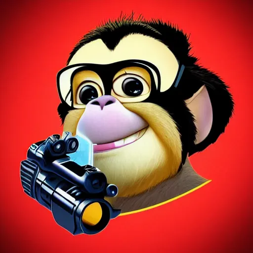 Image similar to “ logo and portrait of a monkey in the style of zootopia holding laser gun, with a black background, digital art, award winning, trending on art station, retro style ”