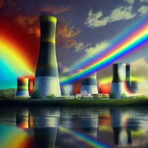 Image similar to A Masterpiece Landscape of a broken down nuclear power station, Nuclear blast imminent, nuclear reactor going critical. Rainbow Color Scheme