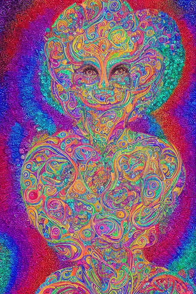 Image similar to a happy beautiful wise spirit goddess in the shape of a heart, meditation, 3 2 k resolution, good vibes, perfect lighting, billions of details, made out of small cubes of love, pointillism, fabric embroidery, stunning psychedelic artwork, android jones, chris dyer, alex grey, trending on artstation, award winner