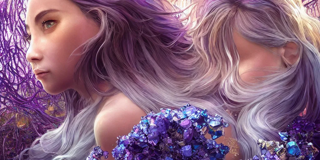 Image similar to wide angle, opalescent purple panther, metallic silver and ice color reflected crystal hair, leaping from babaob tree, fantasy, intricate, very beautiful, elegant, golden light, highly detailed, digital painting, artstation, concept art, smooth, sharp focus, unreal engine, art by wlop and tian zi and alphonse mucha