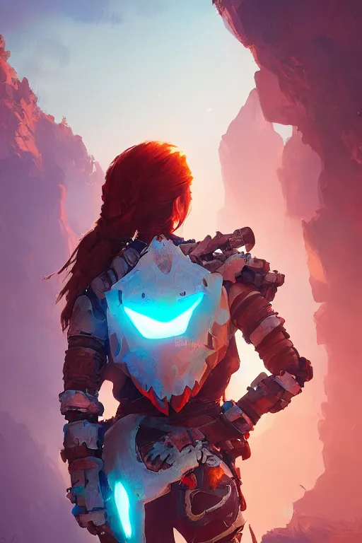 Image similar to combination suit armor aloy horizon forbidden west horizon zero dawn radiating a glowing aura global illumination ray tracing hdr fanart arstation by ian pesty and alena aenami artworks in 4 k tribal robot ninja mask helmet backpack