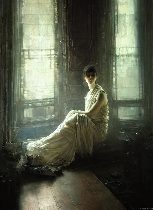 Image similar to a portrait of beautiful woman sitting in the floor, inside a modern apartment, intricate oil painting, hyperdetailed, ominous, ethereal, dramatic lighting, by jeremy mann and ruan jia and lawrence alma - tadema