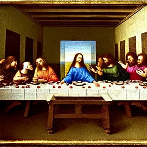 Image similar to last supper painting by da vinci, but they're all looking at their smartphones and not paying attention to each other