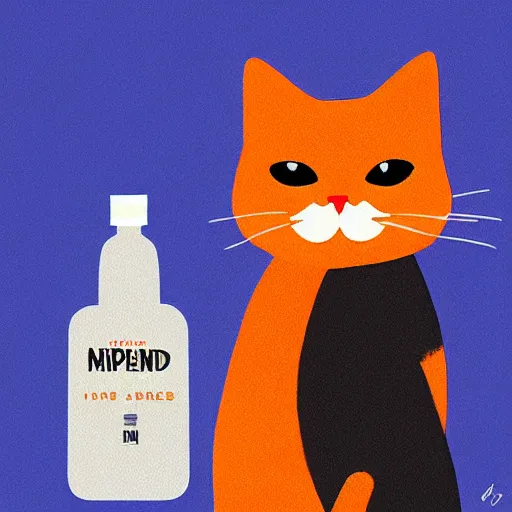 Prompt: a cat standing next to a bottle of medicine. orange cat. animal. digital art. artstation. illustration. separate.