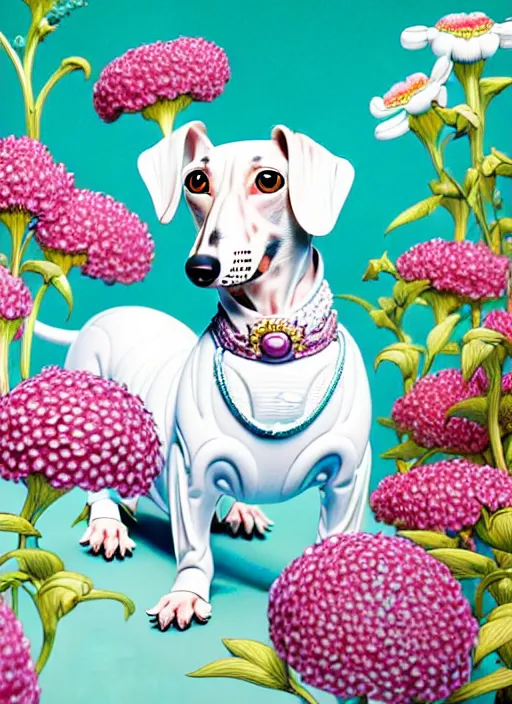 Prompt: a richly detailed color  illustration beautifully depicting a white dachshund dressed with flowers, classy masterfully painted on glass by Akira Toriyama and Mina Petrovic, Range Murata, Katsuhiro Otomo, Yoshitaka Amano, and Artgerm. 3D shadowing effect, 8K resolution, 3D shadowing effect, ultra ornate detail, digital Provio .