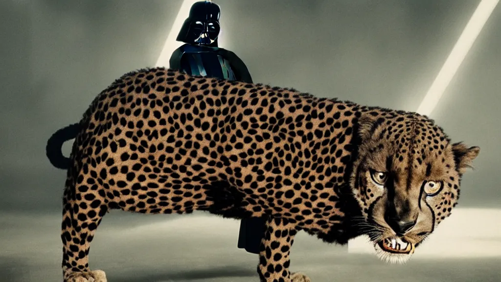 Image similar to Darth Vader wearing a cheetah print, film still from the movie directed by Denis Villeneuve with art direction by Salvador Dalí, wide lens