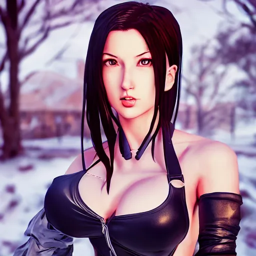 Image similar to A comic book style portrait painting of a Tifa Lockheart in a winter landscape, unreal 5, DAZ, hyperrealistic, octane render, RPG portrait, ambient light, dynamic lighting