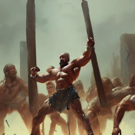 Image similar to The seasoned bodybuilder knocking down the columns of the Philistines , Greg rutkowski, Trending artstation, cinematográfica, digital Art