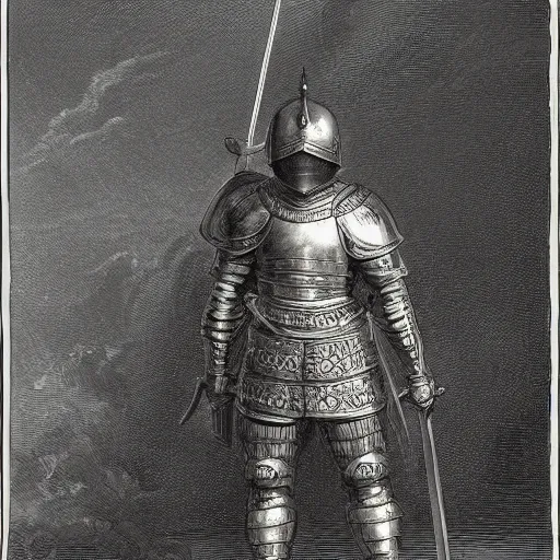 Prompt: a knight in black plate armour, holding a sword pointed to the ground, by gustave dore