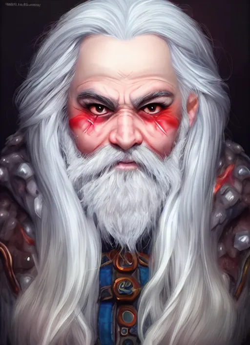 Prompt: friendly dwarf with white hair, red eyes iris, long beard, pale snow white skin, full body character portrait, colorful, highly detailed, digital art by artgerm