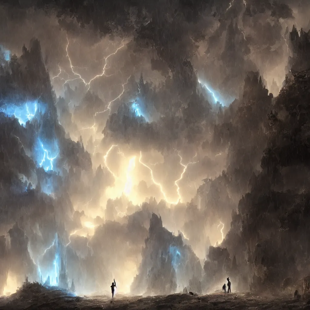 Image similar to a still of a cloaked figure standing in the ruins of crux prime, monastery, there is lightning, blue fiery maelstrom in the distance, it is raining, digital art, artstationhq